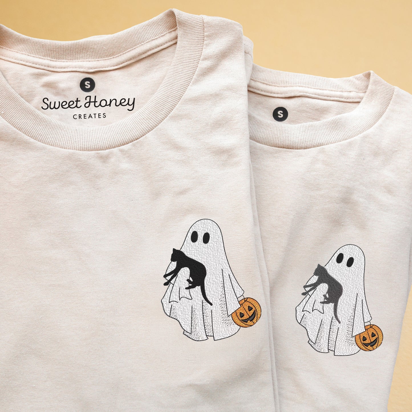 Ghost with Cat and Pumpkin Embroidered Tee