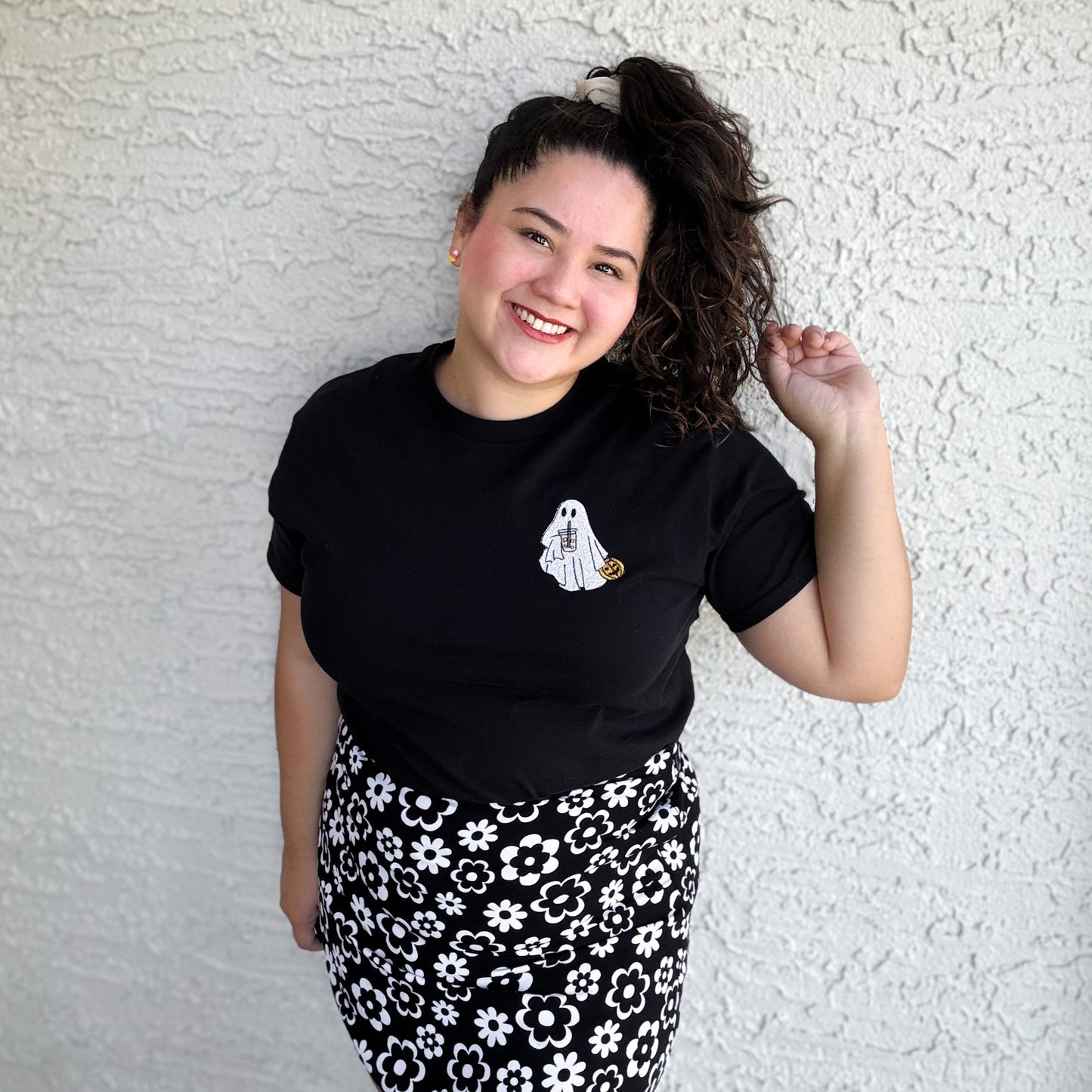 Black Iced Coffee Ghost Embroidered Tee