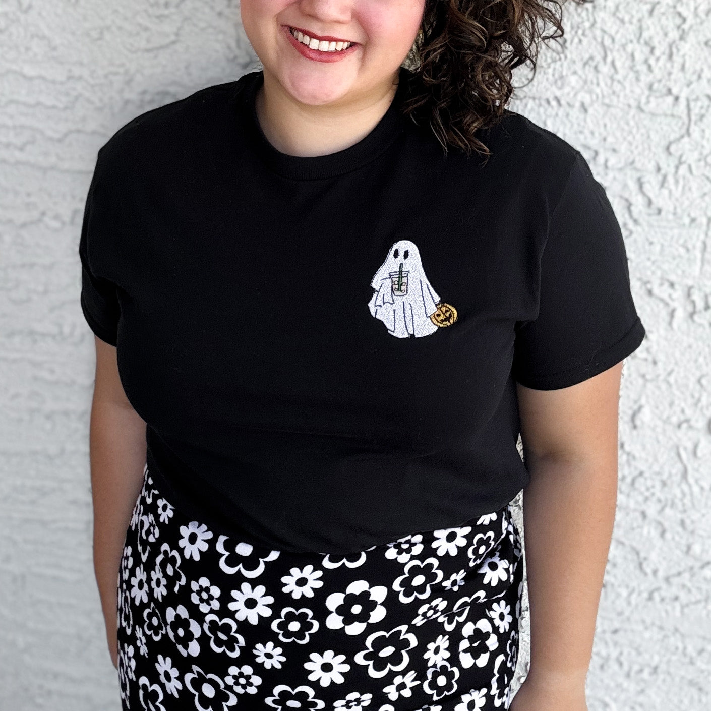 Black Iced Coffee Ghost Embroidered Tee