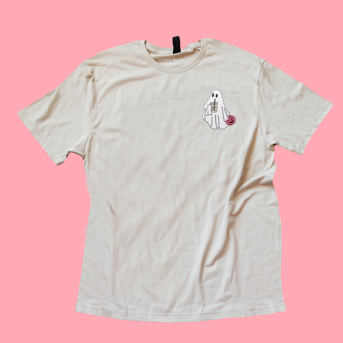 Pink Iced Coffee Ghost Embroidered Tee